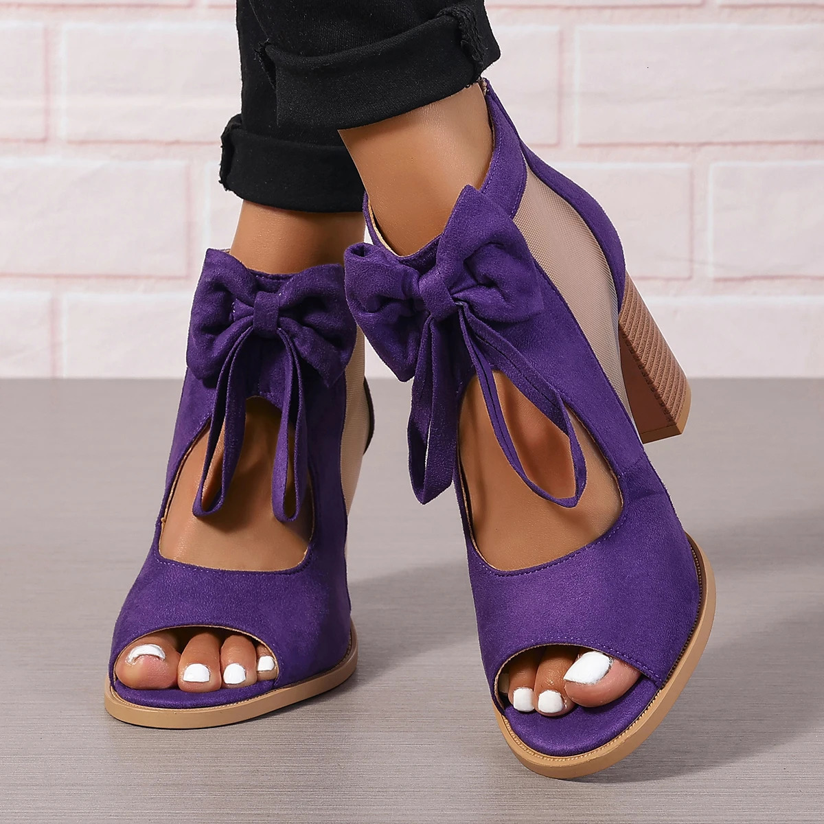 European and American fashion fishmouth thick fourcolor black beige purple Burgundy highheeled back zipper womens sandals 250605