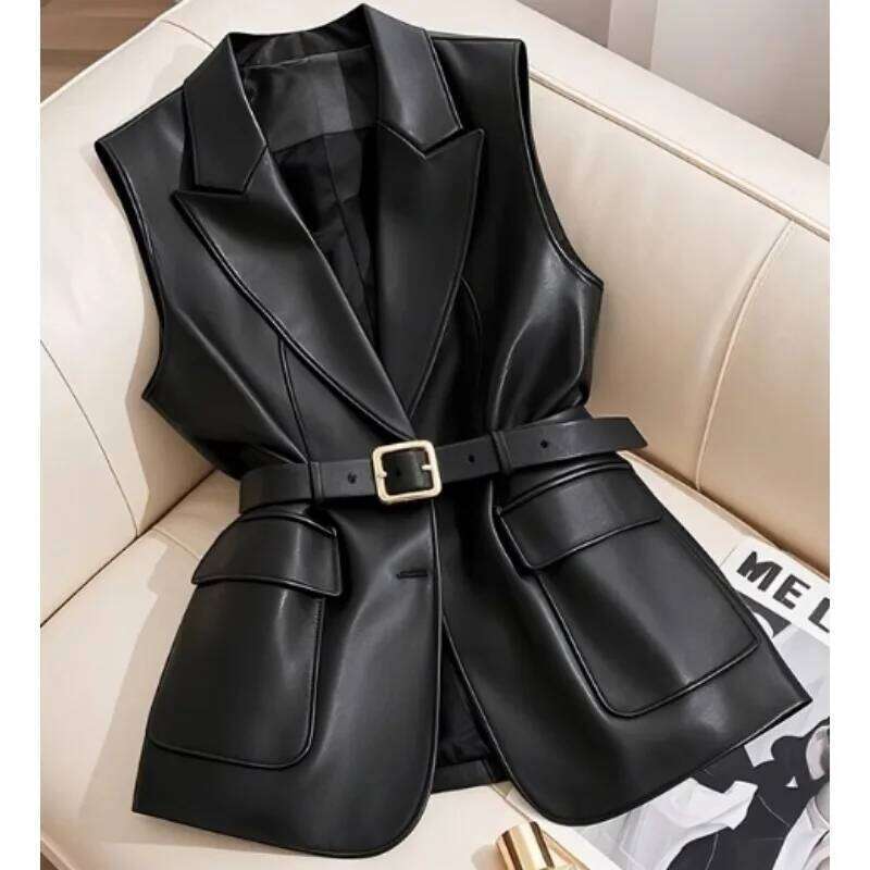 Black Leather Waistcoat This Year's Popular Explosive Unique Chic High-level Sense of Folded Sleeveless Coat New Spring Jacket