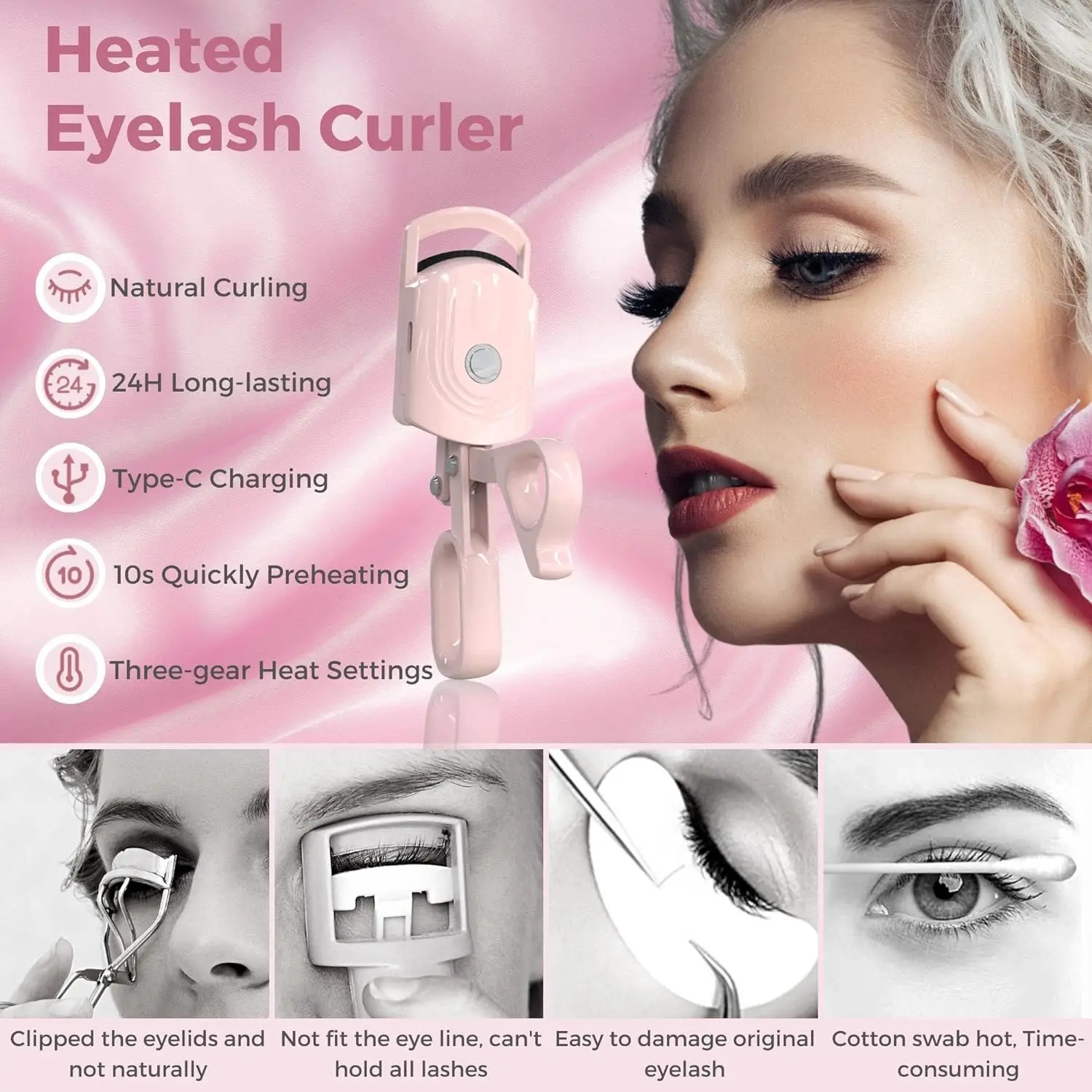 Heated Eyelash Curlers Electric Eyelash Curler 3 Heating Modes Rechargeable Portable Eyelash Curler for Natural-Looking Pink 250604