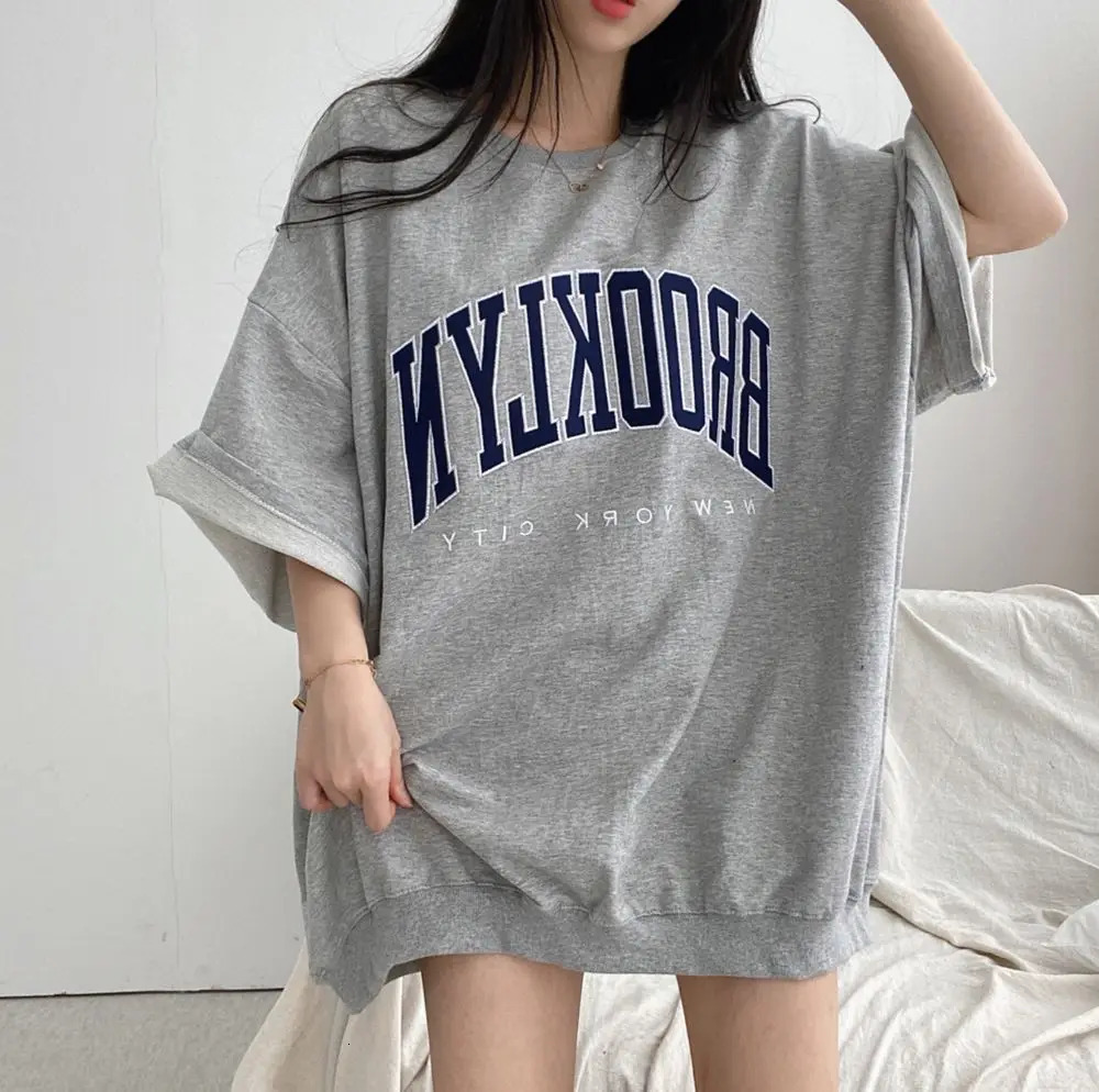 Hip Hop Short Sleeve Korea O Neck Oversized Cotton Summer Women Harajuku Letter Print Sweatshirts Gray Vintage Loose Fleece Tops 250604