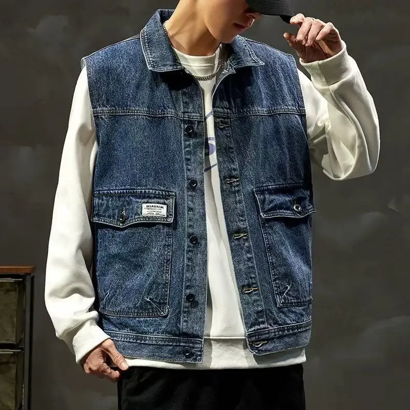 Trendy Denim Vest Jacket For Men Loosefit Shoulder Clipon Work Versatile Spring Autumn 250605Z