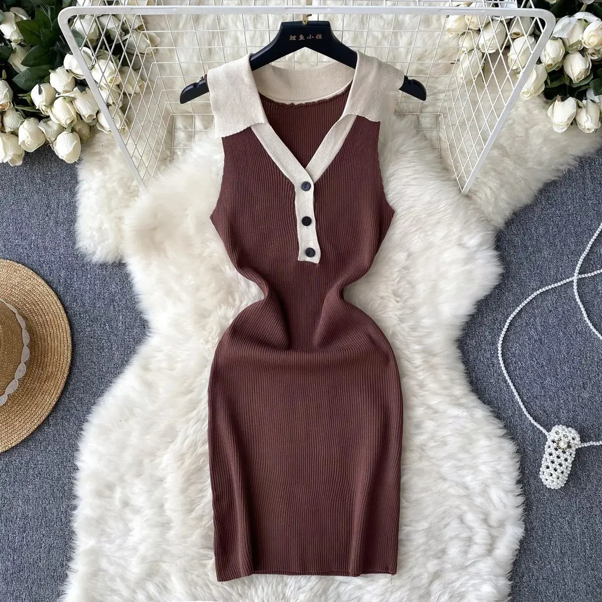 Patchwork Tank Summer Knit Elegant Dress Women Turn Down Collar Elastic Waist Bodycon Sundress Female Short Mini Dress 250604