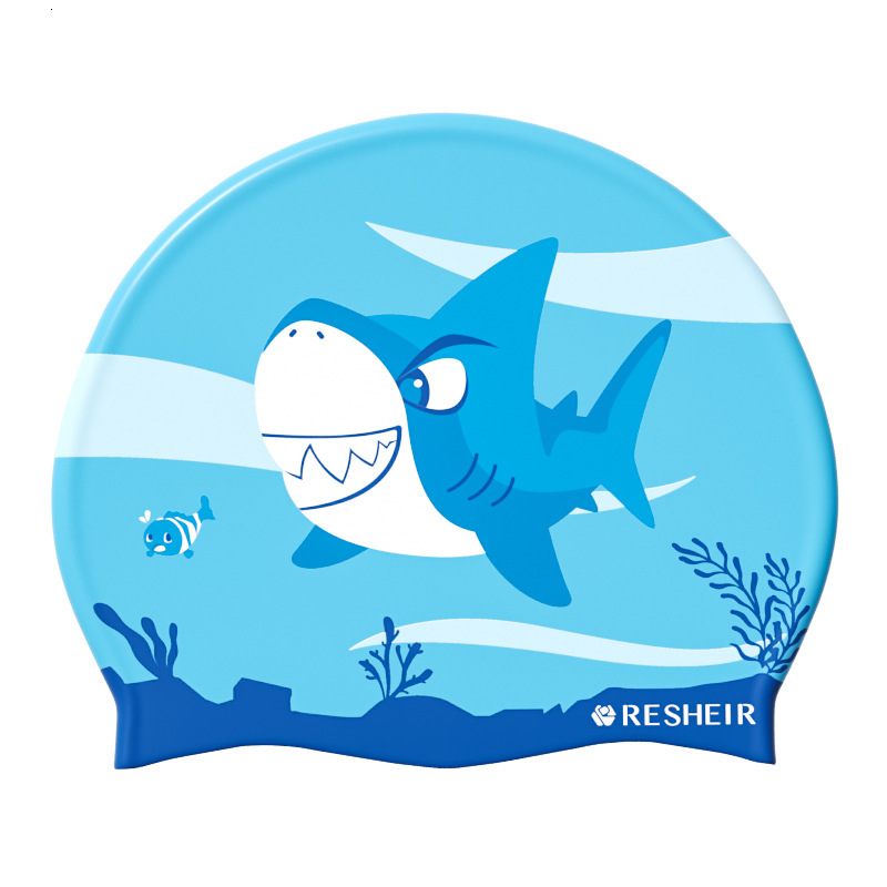 Children's Silicone Swim Comfortable Non-Tightening Boys Girls Cute Shark Fashion Print Swimming Cap