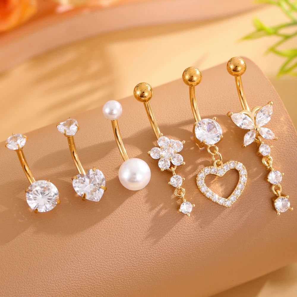 6pcs Gold Color Heart Butterfly Flower Belly Button Rings Sets 14g Curved Long Dangled Belly Piercing Stainless Steel Navel Ring 250530