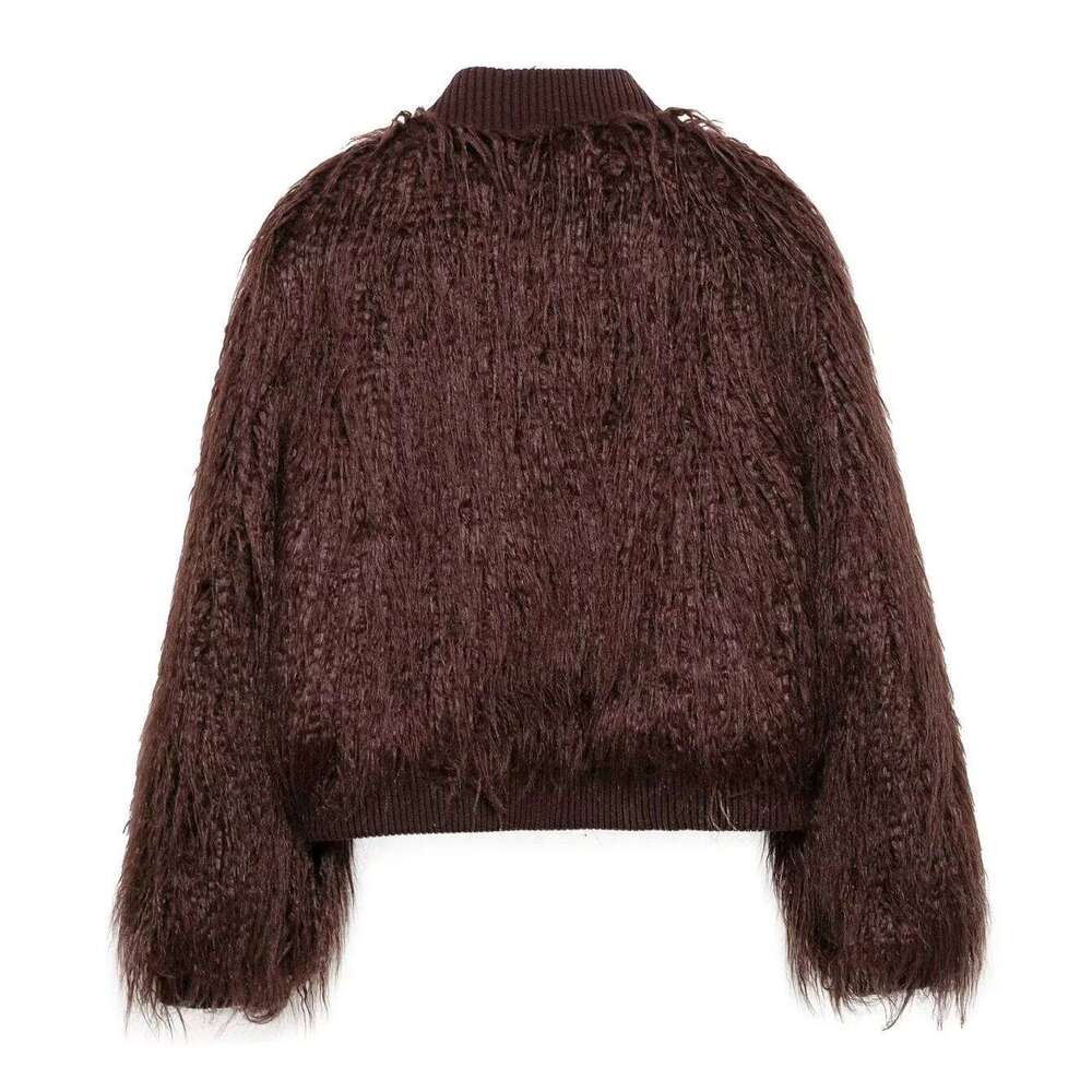 PB&ZA Women's 2024 Autumn/Winter New Collection Knitted Stand up Collar Artificial Fur Effect Maillard Short Jacket