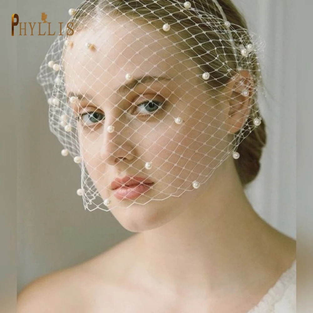 JM20 White Pearl Wedding Birdcage veil with Headband Face Net Mask Veils Charming Fascinator Blusher Veil Tulle Cage Veils 250530