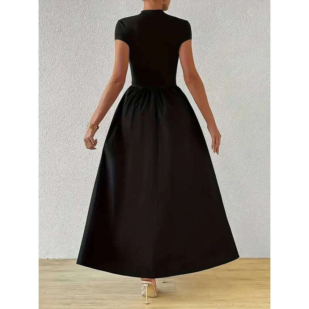 Plus Size 1XL-5XL Women's Casual Solid Color Crew Neck Short Sleeve Elegant Fit Flare Long Dress for Everyday Wear