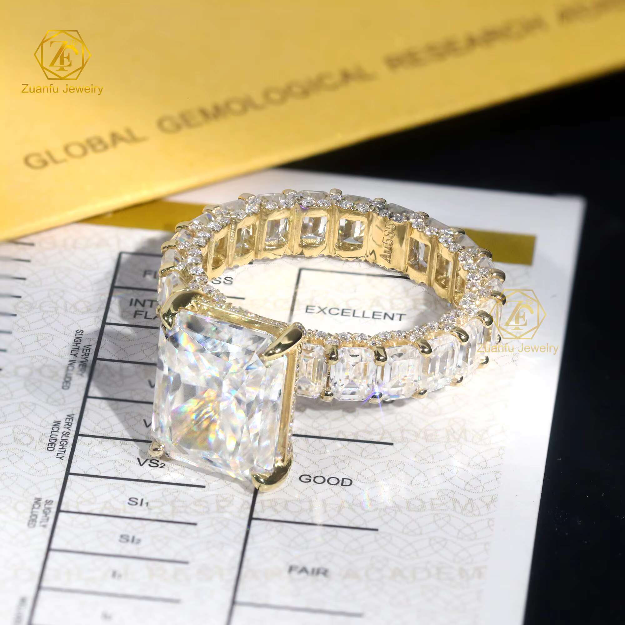 Full Eternity Emerald Band 3x4mm with 5carat Radiant Diamond Ring 14K White Gold Moissanite Diamond Ring