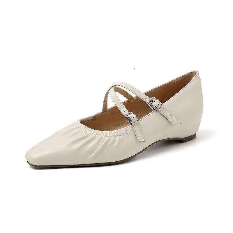 S2509 Soft Crinkled Lambskin Mary Jane Flats Spring 2025 Chunky Pointed Toe Genuine Leather Womens Shoes 250603