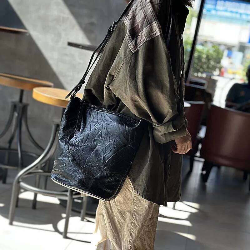 Johnature Casual Genuine Leather Bucket Bag 2025 New Solid Color Pleated Versatile Women's Shoulder Crossbody Bags 2025/06/05