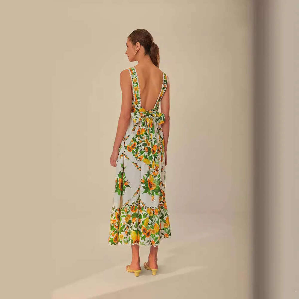 Heavy Lace Patchwork Print Ruffle Long Summer New Fashion Women's Dress With Straps B5