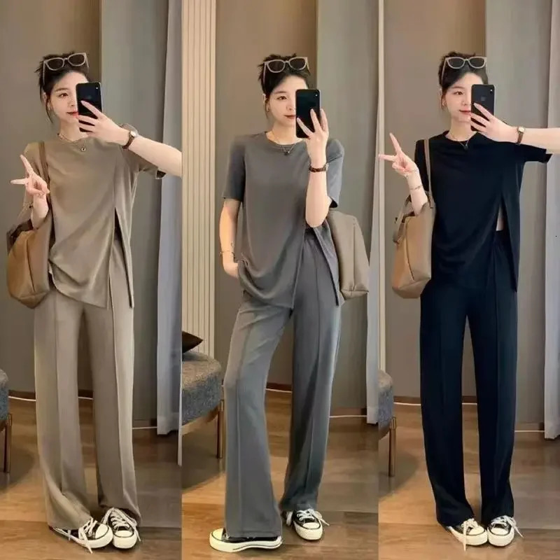 Ice Silk Wide Leg Pants Set Women Summer Korean Fashion Loose n Sense Slit Short Sleeve Top Trendy 250605Z