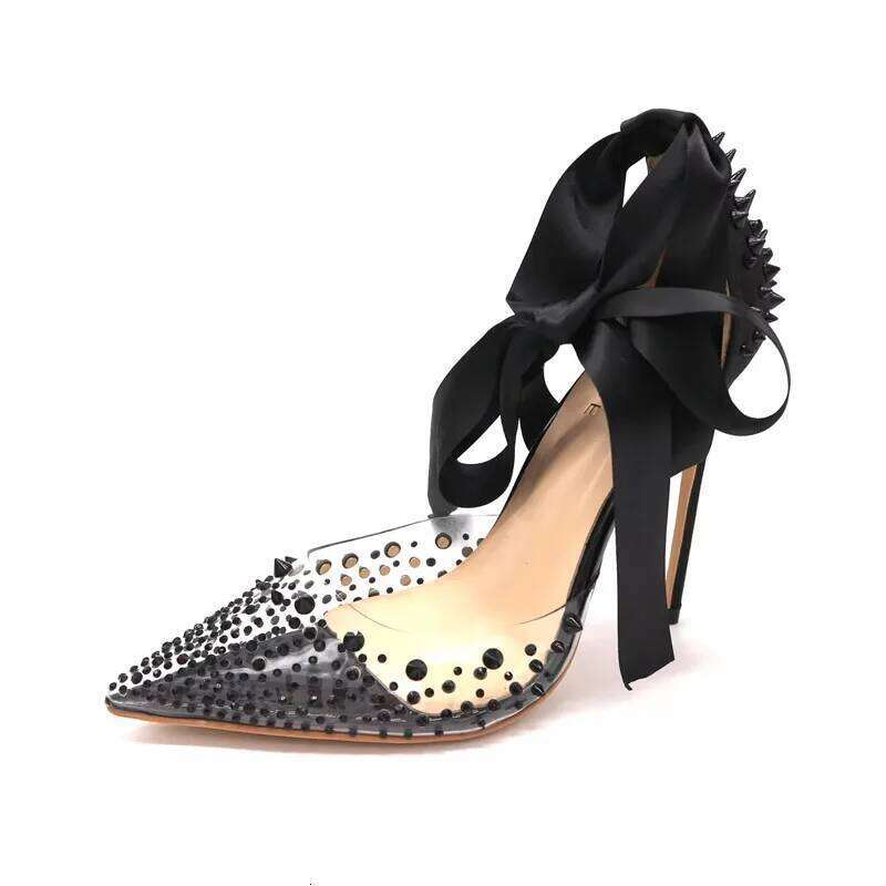 Spring and summer new rivet rhinestone pointed toe PVC lace-up shoes thin high-heeled dress large small size women's sandal