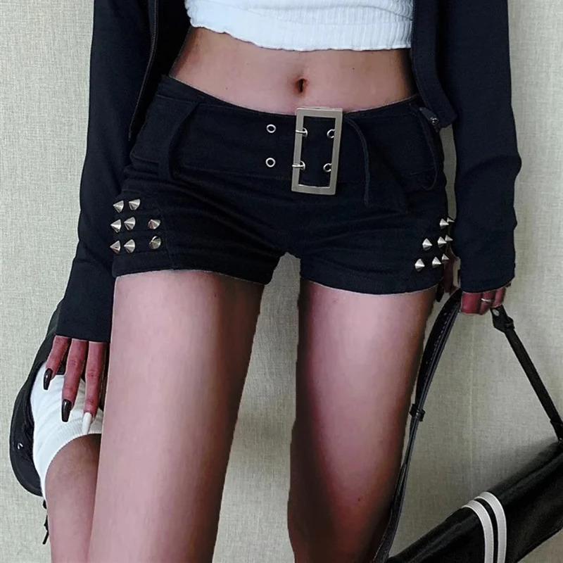 Female American Low Waist Night Club Jeans Girls Fashion Metal Rivet Decoration Harajuku Pants Women Sexy Black Y2k Shorts 250604
