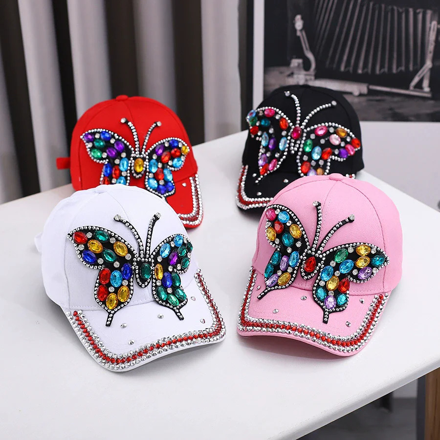 Fashionable And Versatile Outdoor Casual Baseball Cap With Colorful Diamond Inlay Trendy Butterfly Middle-Aged Duckbill Cap 250603