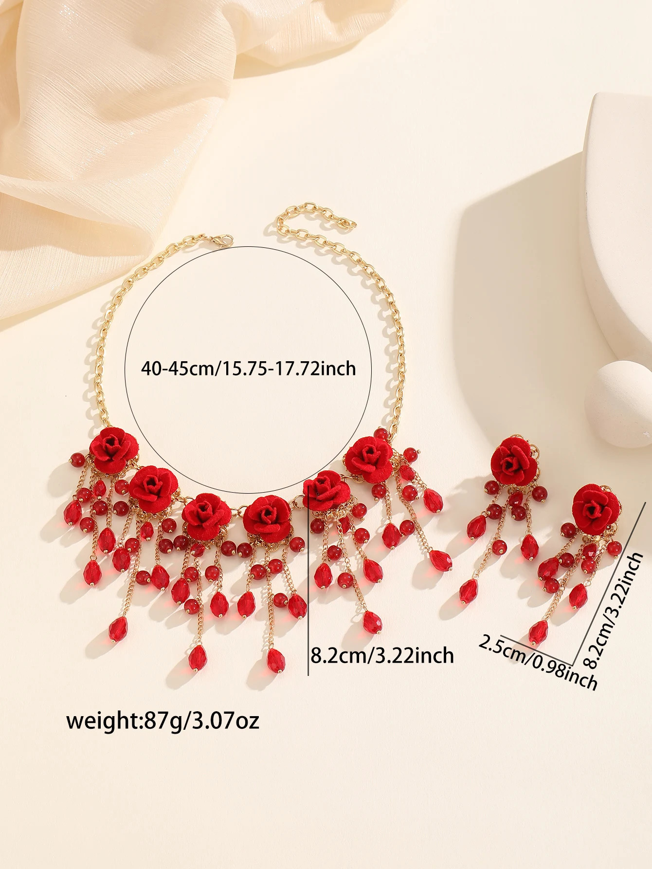 3pcs/set Elegant Vintage Red Rose Crystal Tassel Pendant Necklace and Earrings Romantic Jewelry Set Zinc Alloy Stainless Steel 250530