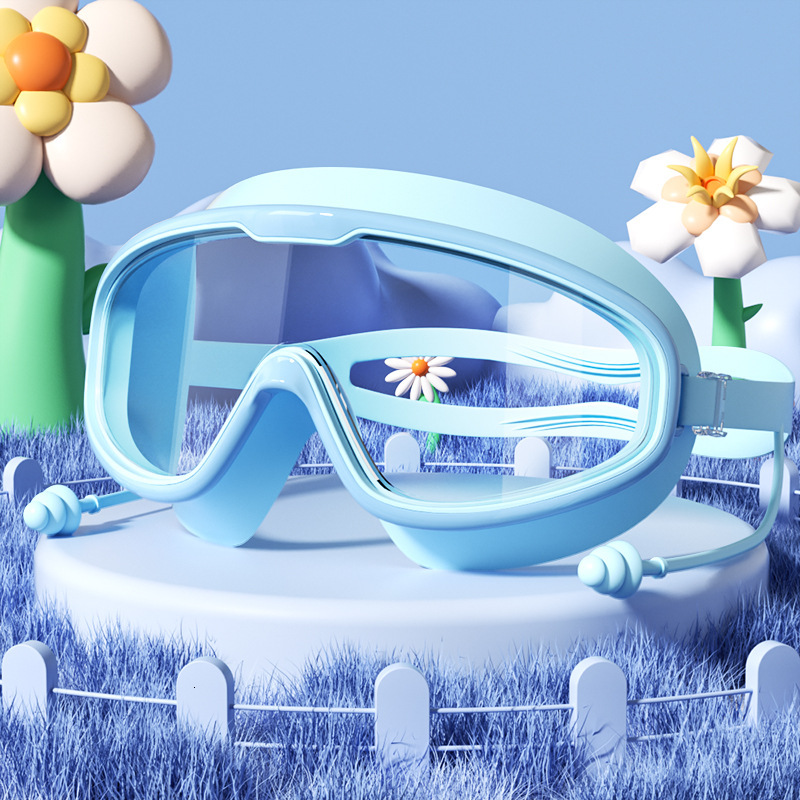Children's Large Frame Swim HD Waterproof Anti-Fog Swimming Glasses for Students and Babies with Integrated Earplugs Diving Goggles