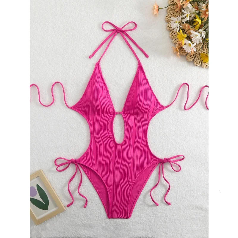 Sexy Halter V Neck Ruched Swimwear Women Hollow Out Bandage Backless One Piece Swimsuit Solid High Leg Cut Bathing Suit 250604