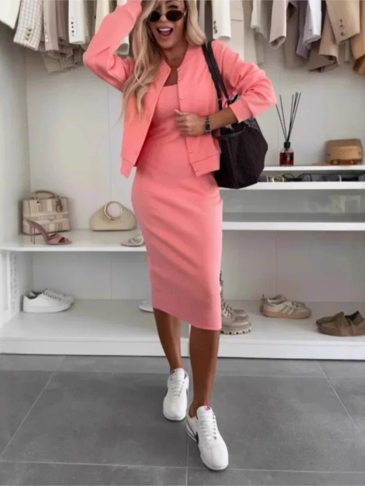 Summer Simple And Comfortable Casual Suspender Dress Set Fashion Cardigan Jacket Top Slim Long Skirt Twopiece 250605