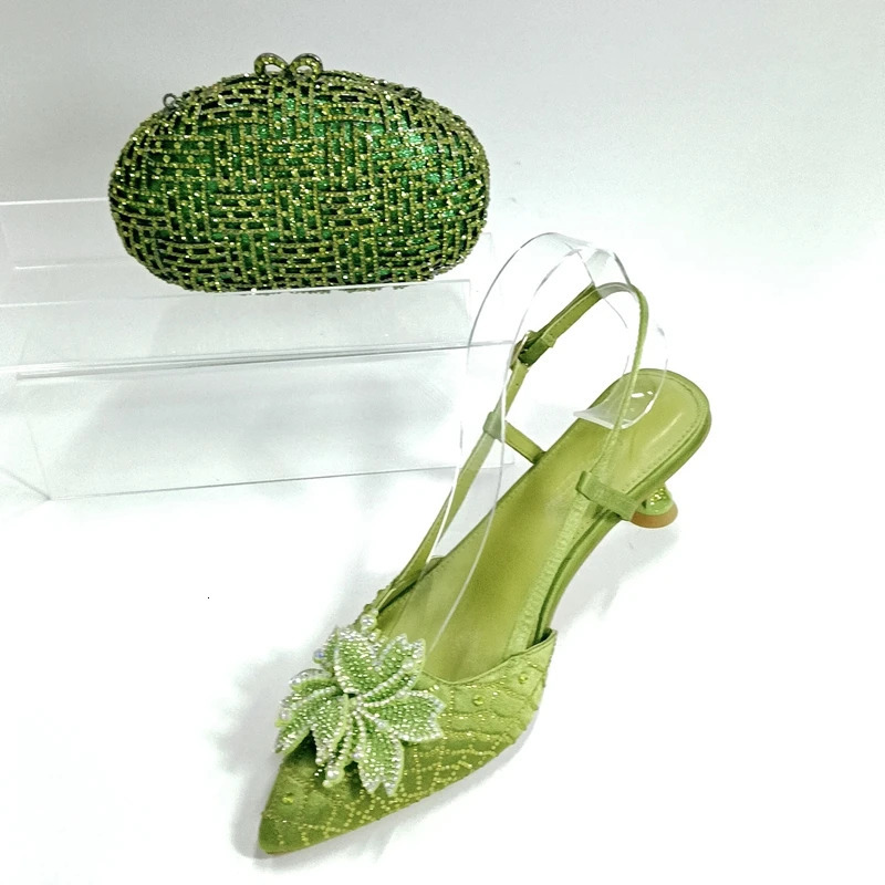 INSIGHTLINK Womens Green Color Rhinestones Shoes and Bag Set Pointed Toe Pumps for Wedding Party Diamonds High Heeled Sandals 250605