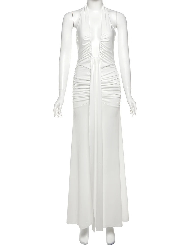 Nibber Sexy Backless Tassel Dress Women Peach Buttock Pleated Patchwork Solid Halter Sleeveless Midnight Clubwear Party Dresses 250604