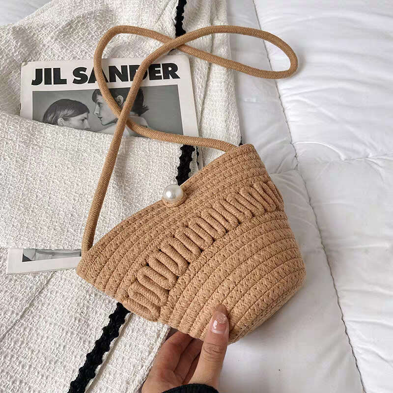Crossbody Straw Phone Coin Key Hollow Cotton Thread Woven Casual Cute Women's Bag