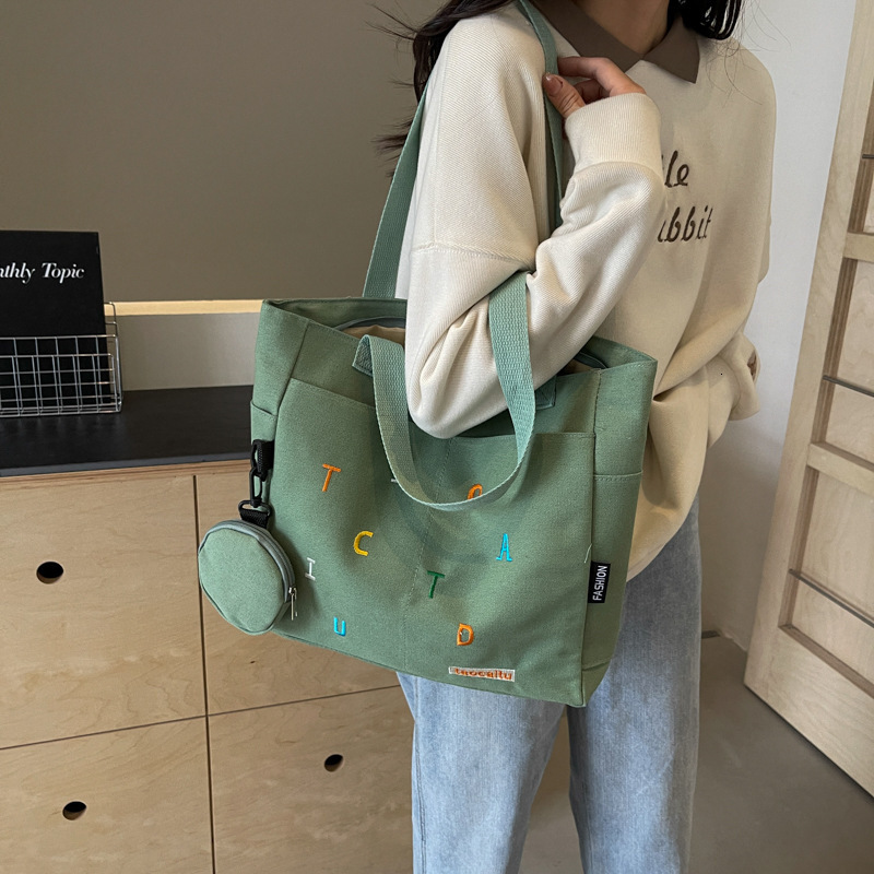 designer Large Capacity Canvas Bag for Women 2025 New Trendy Embroidered Letter Handbag Fresh Style Student Shoulder Tote Bag