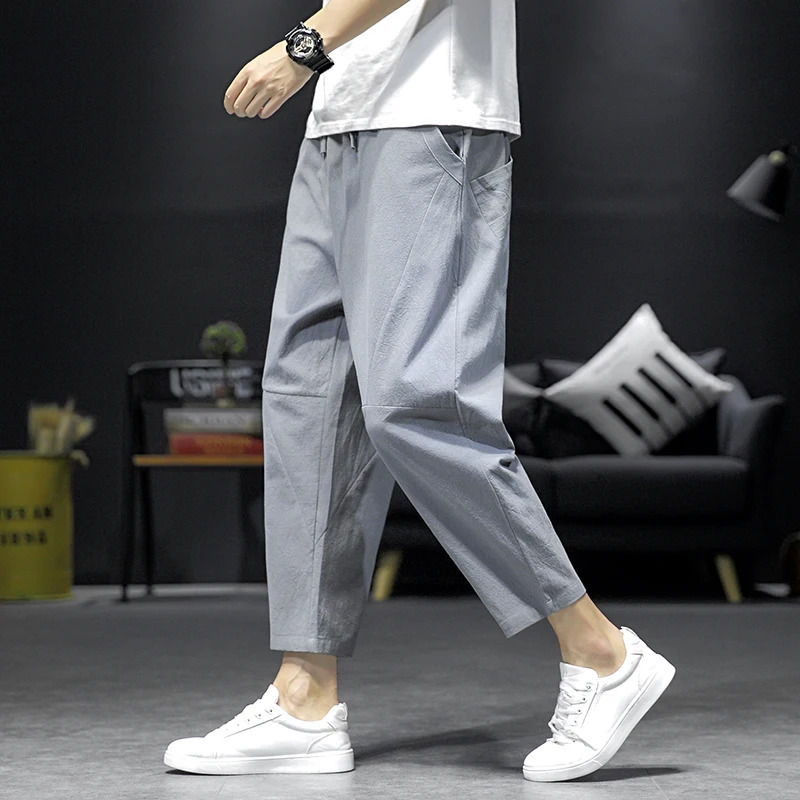Summer Mens Large Size Classic Harem Pants 3 Colors Casual Fashion Stripe Drawstring Cropped Linen Thin Trousers 250605Z