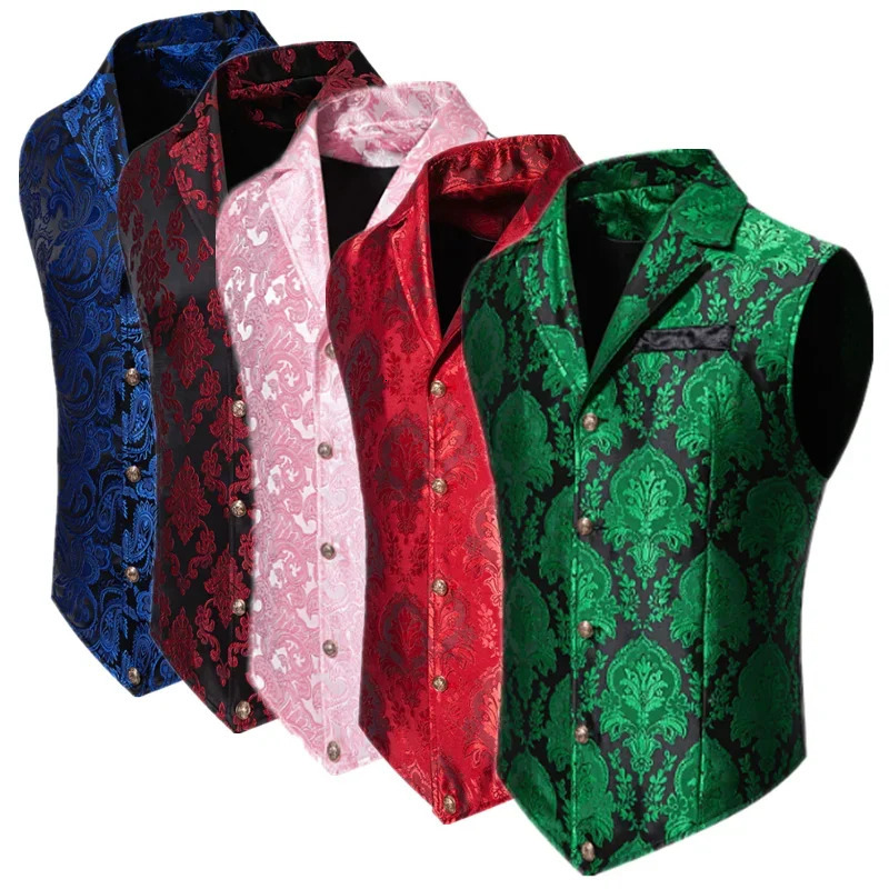 Men Jacquard Suit Vest Thin Tops Red Green Blue Pink Fashion Male Wedding Prom Party Dress Waistcoat 250605Z
