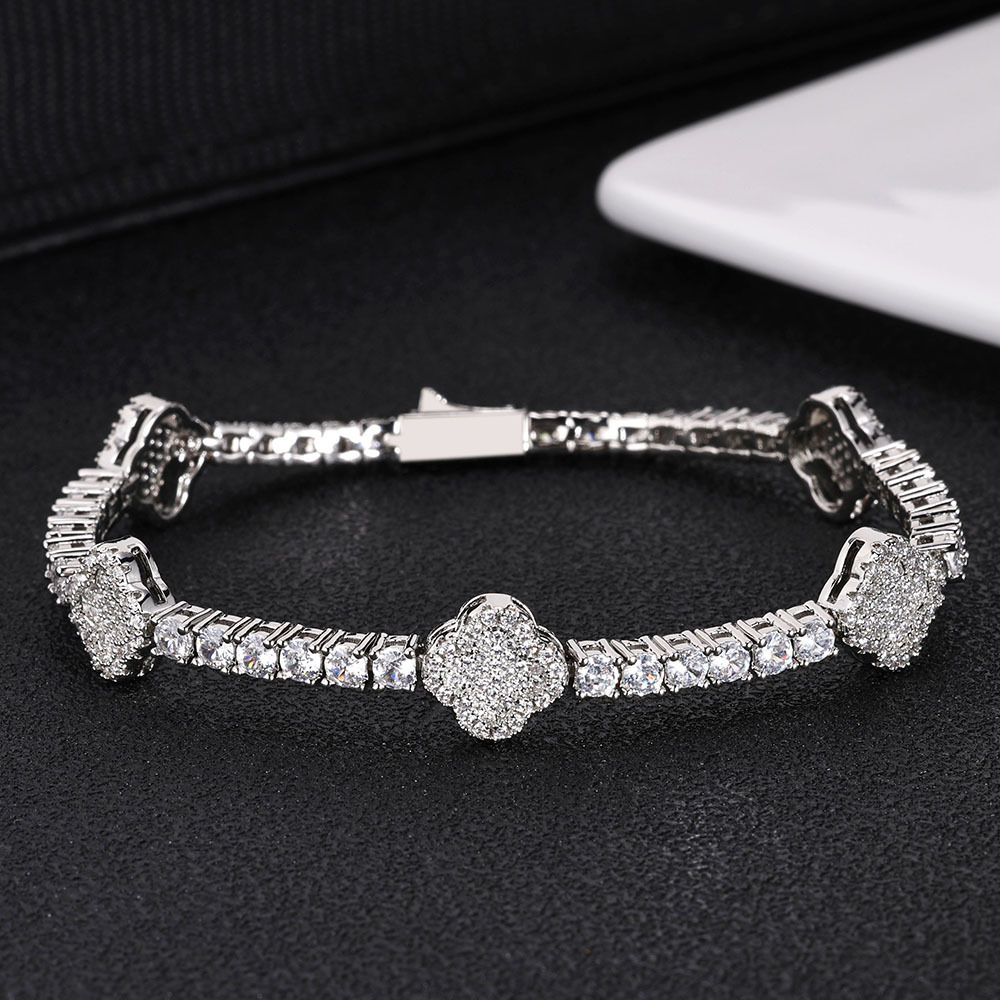 Hip hop spring buckle Moissanite tennis chain clover mens bracelet accessories high-end accessories