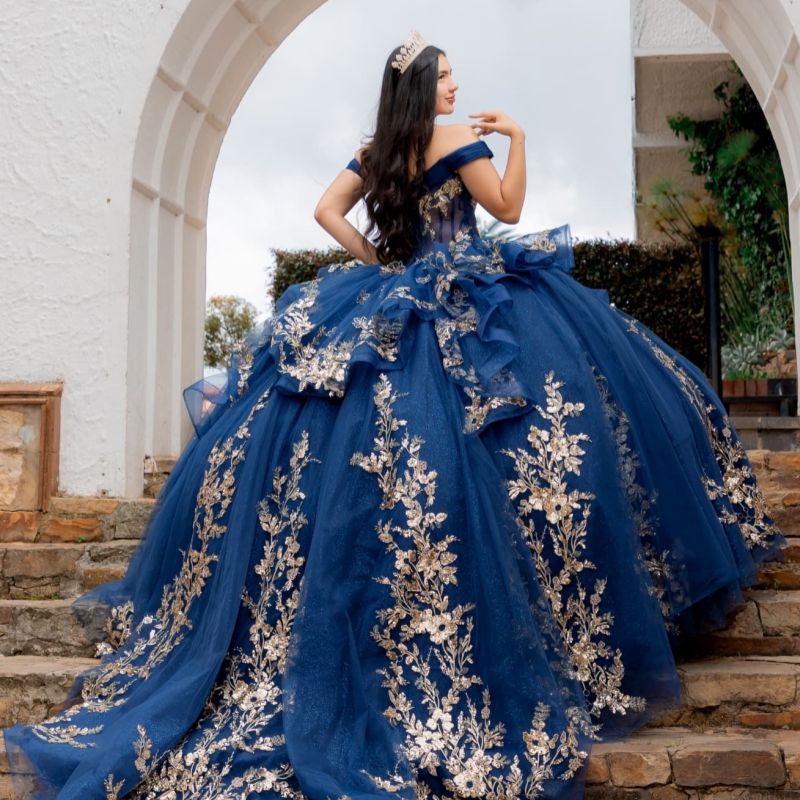 Navy Blue Quinceanera Dresses Ball Gown Off Shoulder Gold Lace Applique Beads Tull Corset Sweet 16 Birthday Party Gown Vestidos 15 Anos