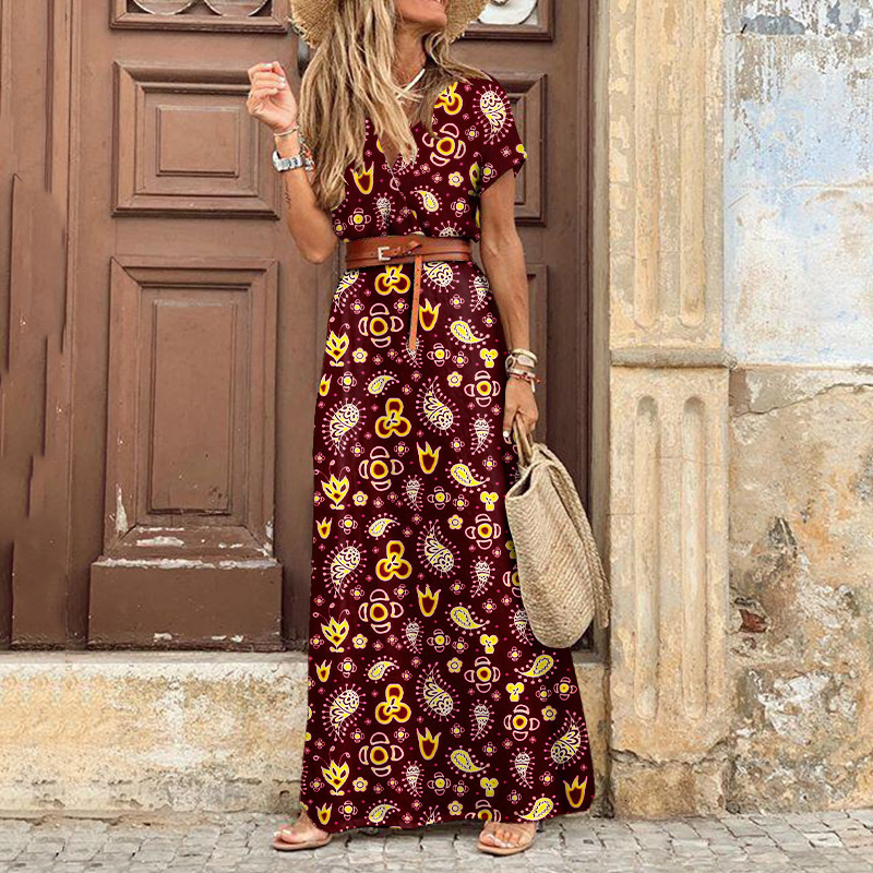 Summer Dresses Fashion Bohemian V-neck Floral Elegant Beach Maxi Long Dress Women Robes Vestidos Ladies Vacation Holidy Skirt