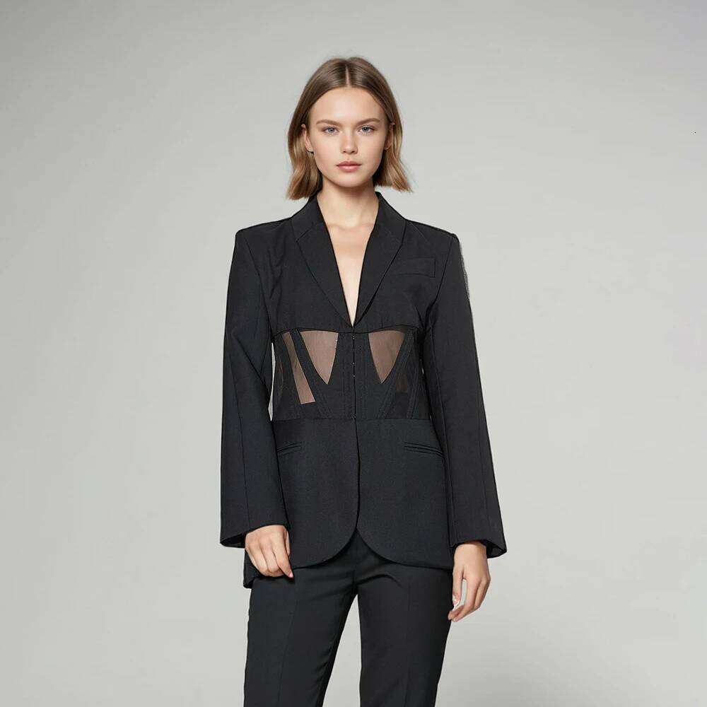 Coats Designer Women Patchwork Mesh Slimming Blazer For Women Notched Collar Long Sleeve Tunic Spliced Pocket Sexy Blazers Female New Designer