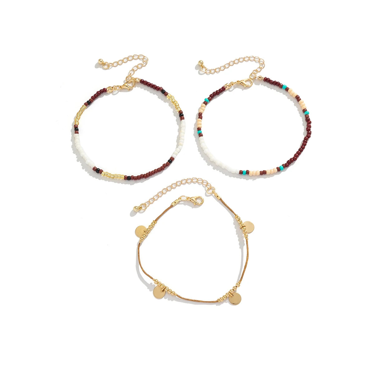 3PcsSet Bohemian Rice Beads Anklets for Women Vintage Trend Round Sequin Feet Chain Summer Beach Barefoot Jewelry Accessories 250528