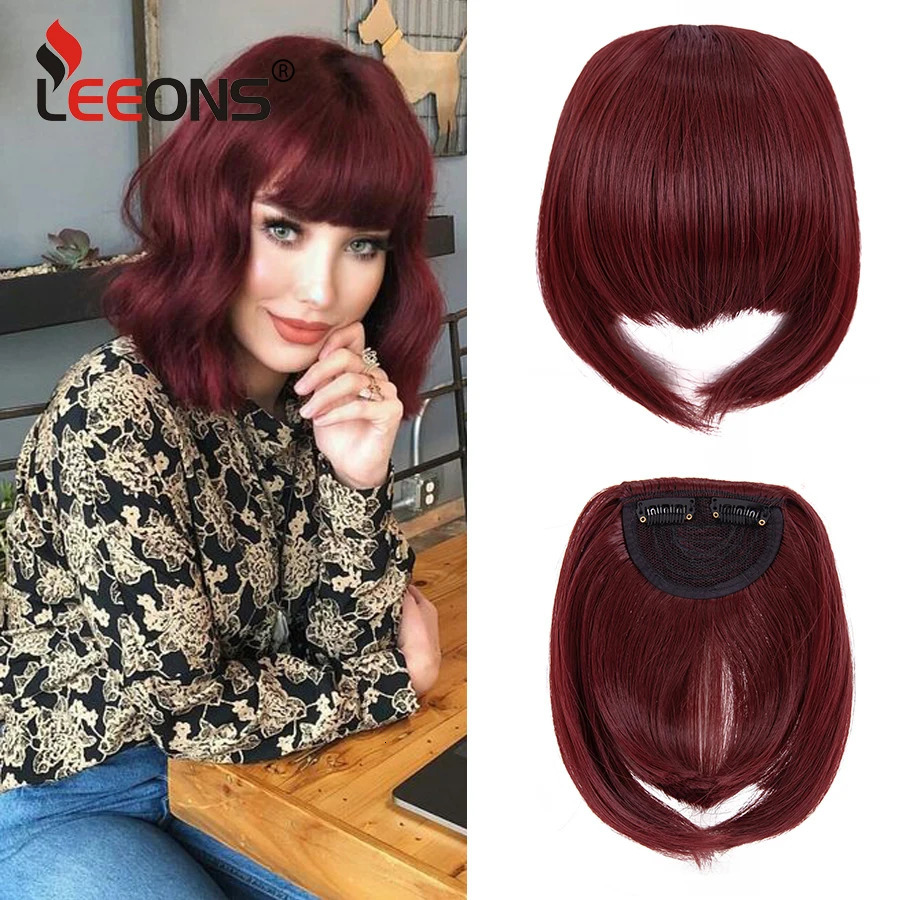 Leeons Synthetic Fringe Bangs Hair Extensions Clip In Bangs 6 Inch Short Straight Hairpiece Front Neat Bang Two Side Burgundy 250529