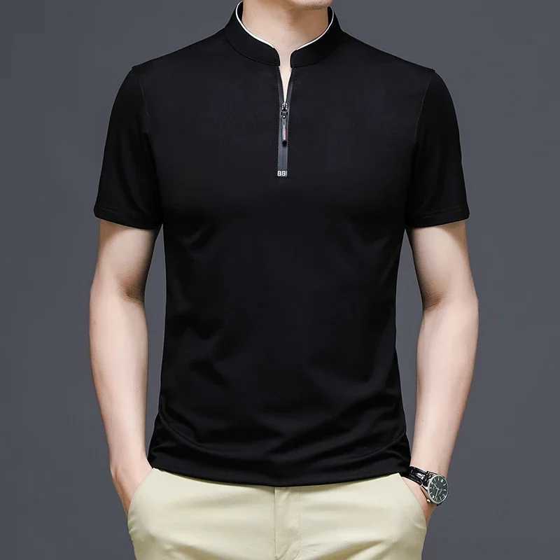 2025 Mens Casual Fashion Solid Color Short Sleeve Polo Shirt Stand Up Collar Versatile Comfortable Top XJ250605