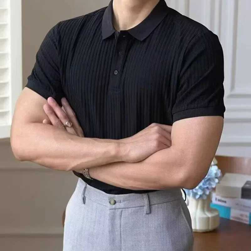 Summer Mens Clothing Retro Knit Lapel Striped Polo Shirt Solid Color Short Sleeve Fashion Light Luxury Popular Knitwear M-5XL XJ250605