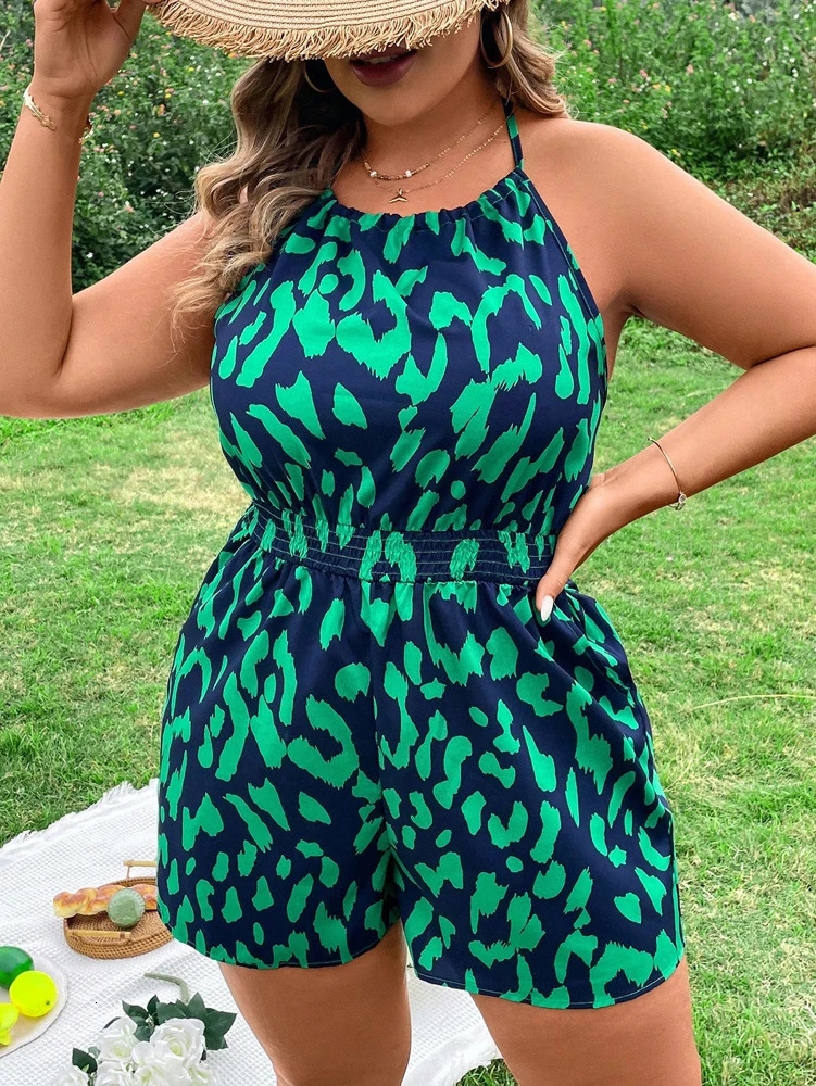 Plus Size Womens Streamlined Big Size Backless Neck Halter Jumpsuit Loose Casual Jumpsuit Summer Style 250605