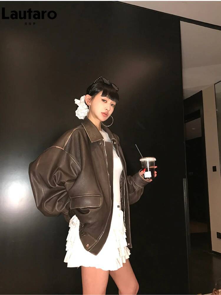 2025 Lautaro Spring Autumn Cool Handsome Retro Oversized Distressed Brown Soft Faux Leather Jackets For Women Zipper Runway Fashion