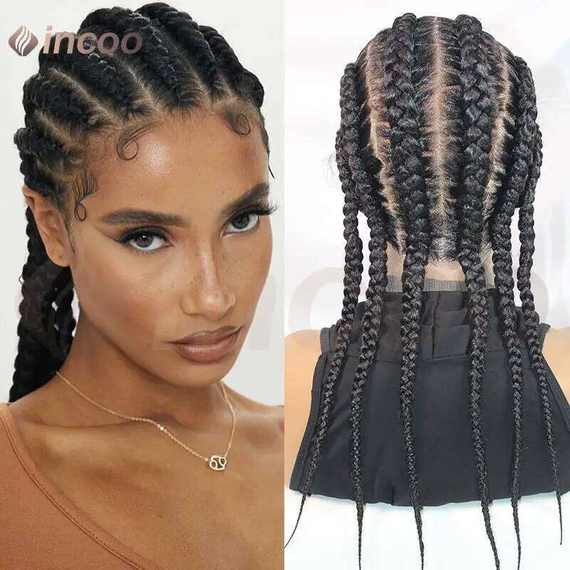 Wear and Go Glueless Synthetic Full Lace Braided Wigs Jumbo Box Braids For Black Women African Faux Locs Braiding Wig