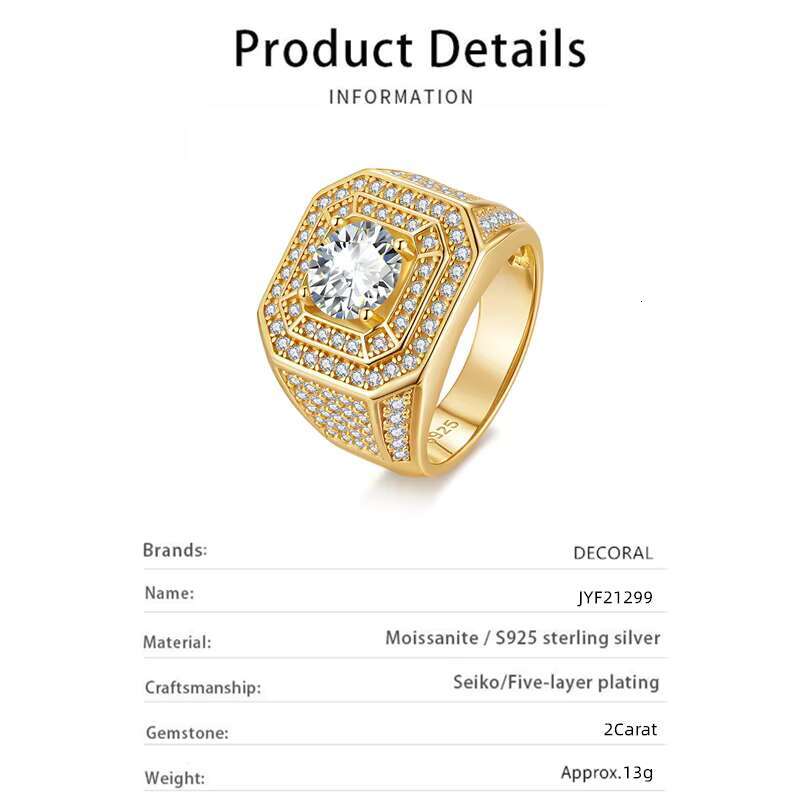 Luxury Hip Hop D Vvs Color Moissanite Diamond Ring 2Carat Round Cut 925 Sterling Silver Moissanite Wedding Ring Men