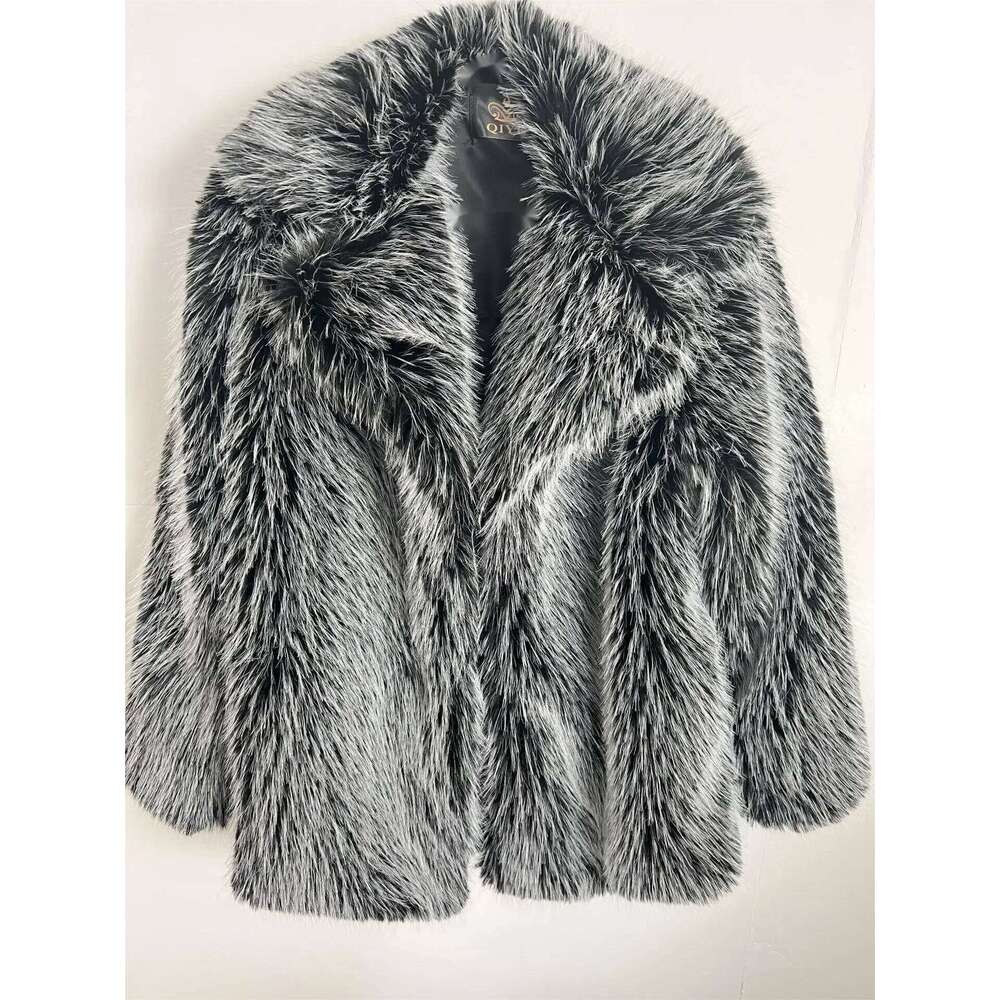 Sier Gray Faux Fur Women Autumn Winter Large Jacket Overcoat Turn Down Collar Pockets Thick Coat Warm Jackets Maxi Coats
