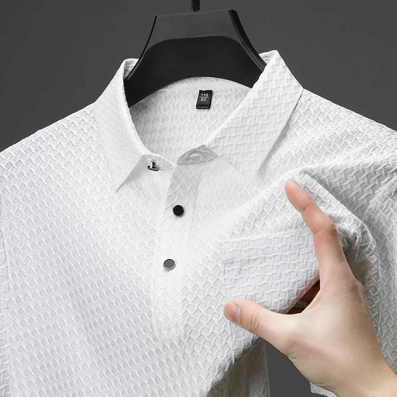 Elastic Mens Summer Ice Silk Short-sleeved T-shirt Middle-aged Dad Wear Lapel Polo Shirt Cool Top Clothes XJ250605