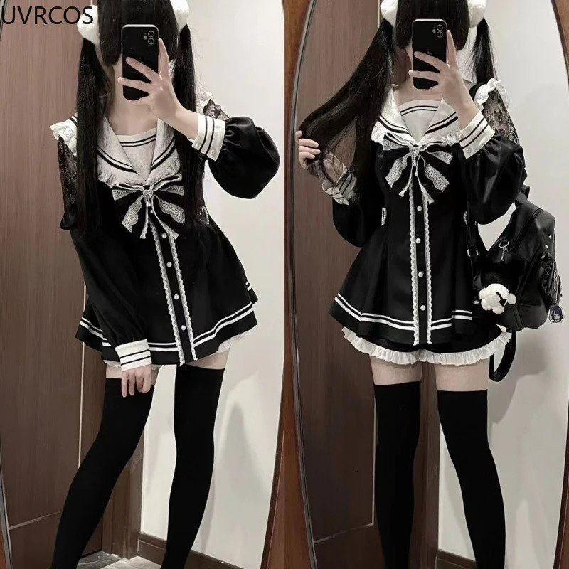 Japanese Style Gothic Y2k Lolita Bow Dress Shorts Set Women Vintage Sweet Long Sleeve Button Shirt Party Dresses Slim Mini 250526