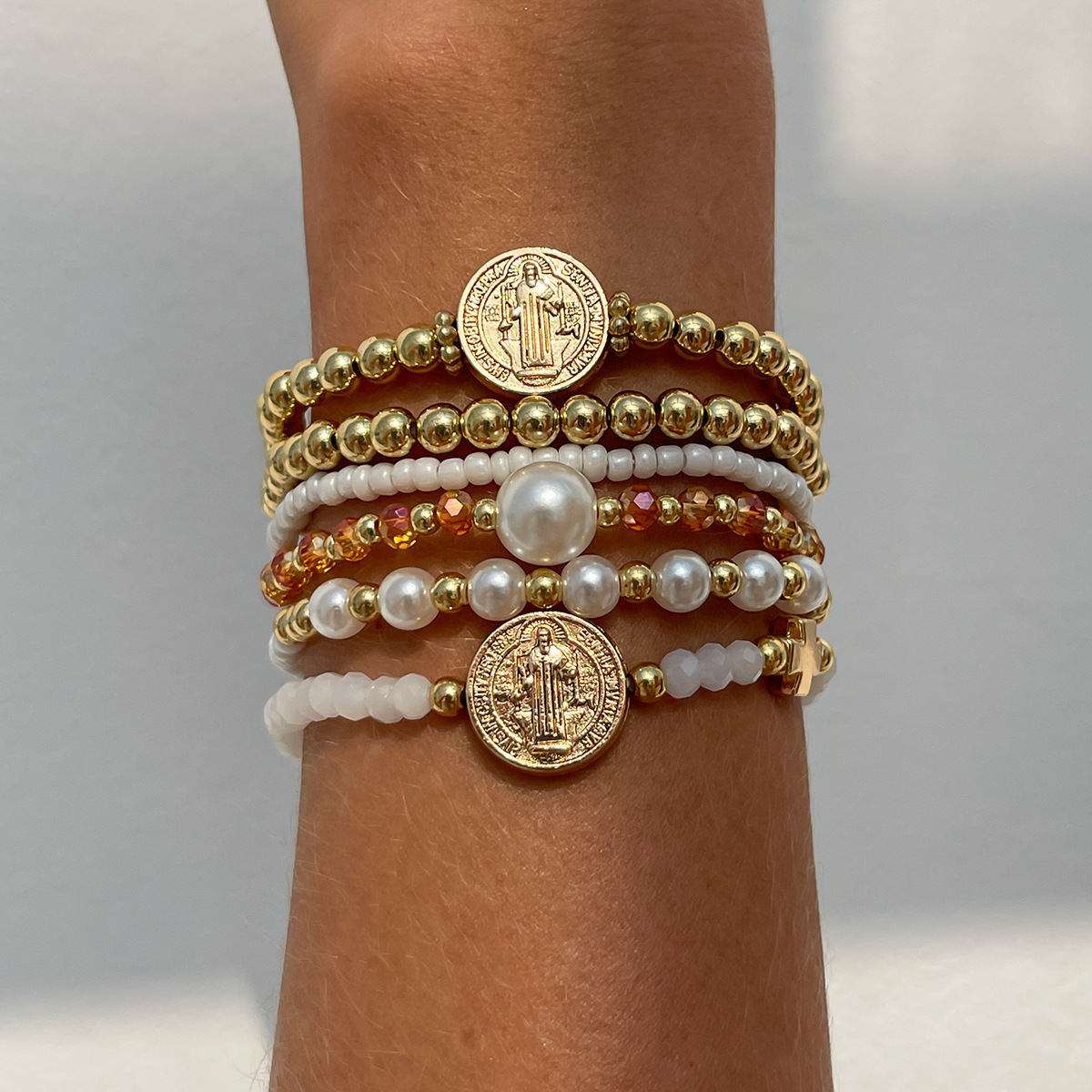 Bohemian Vacation Beaded Bracelet Set Colorful Beads and Pearl Cross Fashion Accessories for Women Gift