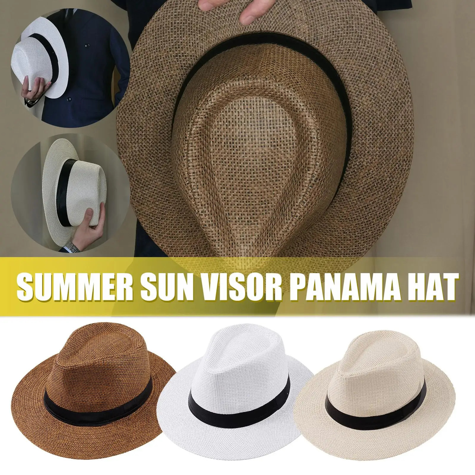 Fashion Men Natural Panama Straw Hat Summer Trendy Beach Sun Hats Solid Color Fedoras Ribbon Casual Cowboy Jazz Cap Gangster Cap 250605