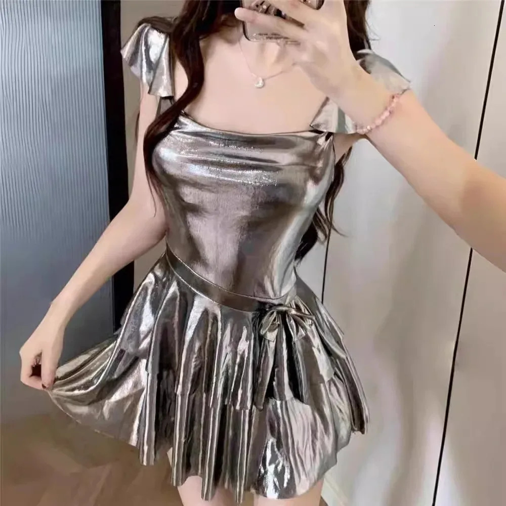 Women Solid Color Onepiece Dress Swimsuit Sexy Backless Slim Fit Sleeveless Pleated Dress 250604