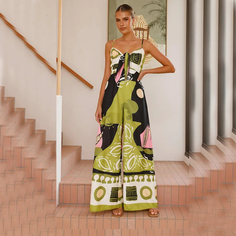 VEITCHE Summer Women Print Spaghetti Strap Jumpsuits Sexy Hollow Out Laceup High Waist Wide Legs Bohemian Vacation Jumpsuit 250604