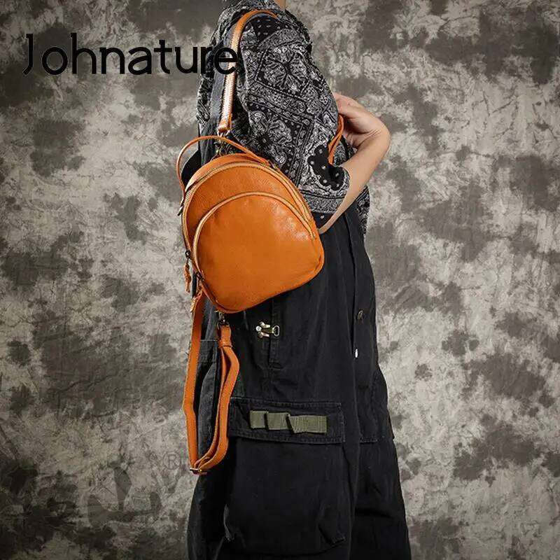 Johnature Handmade Vintage Genuine Leather Bagpack Women Backpack 2025 New Leisure Soft Cowhide Solid Color Travel Bag 2025/06/05
