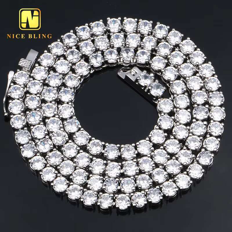 Moissanite Jewelry 3mm 4mm 5mm Round 5A+Moissanite Diamond Copper Set Moissanite Single Row Diamond Hip Hop Tennis Chain